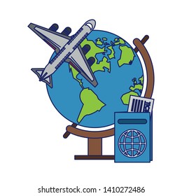 Travel and vacations symbols world globe airplane and passport with tickets vector illustration graphic design