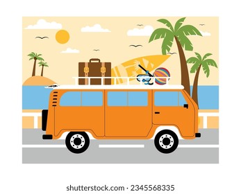 Autobús de viaje a la playa para vacaciones, traer equipo para diversión, ilustración vectorial de verano.