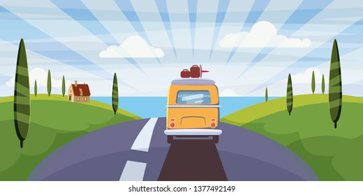 Travel van camper, bus on the road goes to the sea for a summer vacation. Holiday season vacation at sea. Travel leisure background. Template banner advertising, retro, vintage. Vector, cartoon style
