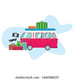 travel van car with bag and sunglasses. vector illustration in flat design