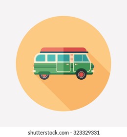 Travel van flat round icon with long shadows.