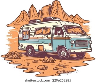 Camión de viaje frente a una ilustración de mano desértica, camioneta de viaje Dibujo ilustración, camisetas ilustración de diseño