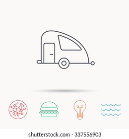 Travel van icon. Holiday camper sign. Global connect network, ocean wave and burger icons. Lightbulb lamp symbol.