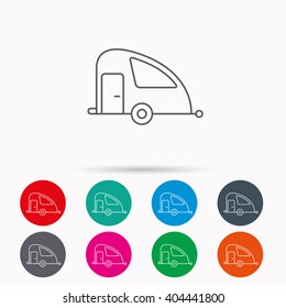 Travel van icon. Holiday camper sign. Linear icons in circles on white background.