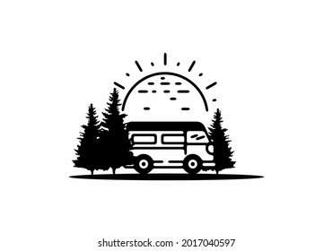 Travel van in the jungle line art illustration design