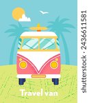 Travel Van Summer Vibe. Vector Illustration of Flat Car for Surf and Leisure. 