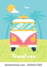 Viaje Van Summer Vibe. Ilustración vectorial de coche plano para el surf y el ocio. 