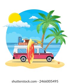 travel van with surfboard and suitcases on a beach with palms. Summer tourism, travel, trip and surfer. vector illustration in flat design.