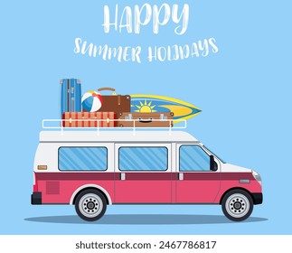 travel van with surfboard and suitcases Summer trip concept background. Summer tourism, travel, trip and surfer. vector illustration in flat design