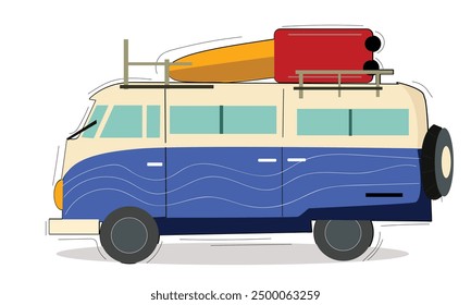 travel van with surfboard and suitcases . Summer tourism, travel, trip and surfer. Road Trip Van Tropical Concept