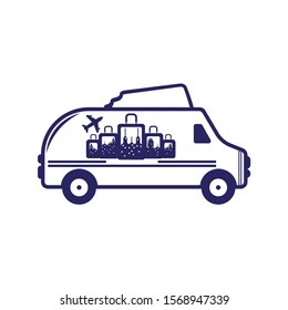 Travel van vector logo design. Van life concept. Blue camper in movement.