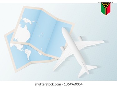 Travel to Vanuatu, top view airplane with map and flag of Vanuatu. Travel and tourism banner design.