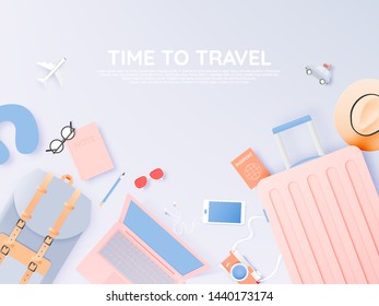 Travel various items in paper art style with pastel color scheme background vector illustration