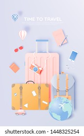 Travel various items in paper art style with pastel color scheme background vector illustration