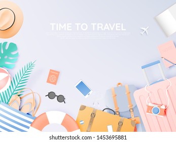 Travel various items in paper art style with pastel color scheme background vector illustration