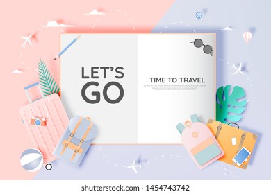 Travel various items in paper art style with pastel color scheme background vector illustration