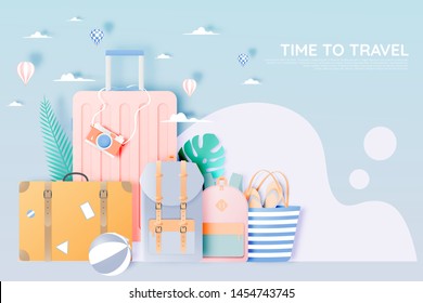 Travel various items in paper art style with pastel color scheme background vector illustration