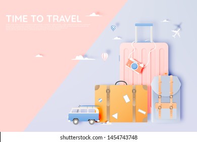 Travel various items in paper art style with pastel color scheme background vector illustration