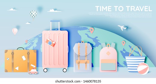 Travel various items in paper art style with pastel color scheme background vector illustration