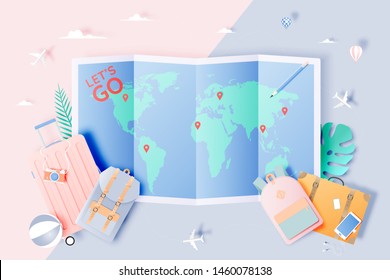 Travel Various Items In Paper Art Style With Pastel Color Scheme Background Vector Illustration