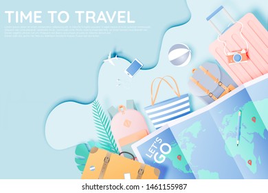 Travel various items in paper art style with pastel color scheme background vector illustration