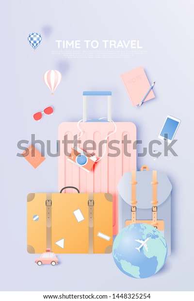 Travel various items in
paper art style with pastel color scheme background vector
illustration