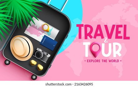 Travel vector background design. Travel and tour text with passport, camera and map in luggage bag element for worldwide explore and adventure trip. Vector illustration.
 - Shutterstock ID 2163426095