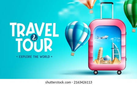 Travel vector background design. Travel and tour text with worldwide tourist destination landmark in luggage bag element for explore and adventure trip. Vector illustration.
