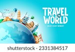 Travel vector background design. Travel the world text with famous tourist destination landmark in globe element for worldwide tourism visit. Vector illustration.