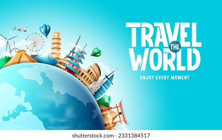 Travel vector background design. Travel the world text with famous tourist destination landmark in globe element for worldwide tourism visit. Vector illustration.