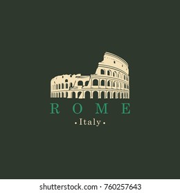 Travel vector banner or logo. Ancient amphitheater Colosseum in Rome, Italy. The monument of architecture of Ancient Rome, the Italian national landmark