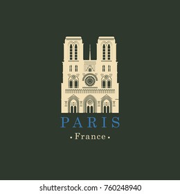 Travel vector banner or logo. The famous Cathedral of Notre Dame de Paris, France. French landmark. The Catholic Church in the center of Paris, a masterpiece of Gothic architecture
