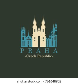 Travel vector banner or logo. The famous Church of Our Lady before Tyn in Prague, Czech Republic. Czech architectural landmark