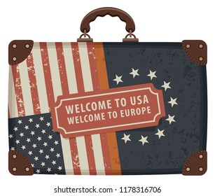 Travel vector banner with a suitcase with flags of America and the European Union in retro style. The inscription Welcome to USA, Welcome to Europe