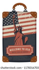 Travel vector banner with a suitcase with the Statue of liberty and the American flag in retro style. The inscription Welcome to USA, United States of America
