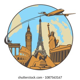 Travel vector banner with various tourist attractions and a passenger plane on a background of planet Earth. Air transportation