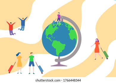 Travel vector concept: people carrying luggage joyfully near the big globe