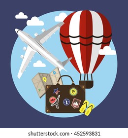 Travel vector creative flat concept illustration, air balloon, plane, travel suitcase with world famous sightseeing places, map. For posters and covers.