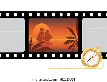 travel vector film strip background with tall ship and compass (EPS 10)