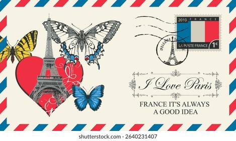Travel vector, greeting card with heart, Eiffel Tower in Paris, France. Or vintage postal envelope with butterflies and words I love Paris. Valentine on Valentine's Day. No AI used