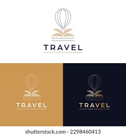 Travel vector icon design. Hot air balloon, waves and palm logotype. Tropical logo template.