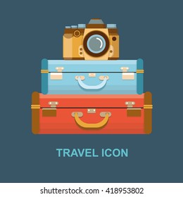 Travel Vector icon isolated. Suitcases and camera.  Logo for travel agency