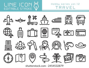 Travel vector icon set. Editable line stroke.