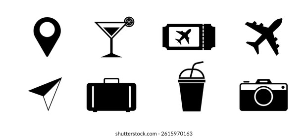 Travel vector icon set, Journey, Vacation illustration clip art on white background, Idolated Minimal black symbol for decoration, Infographic, (Editable)