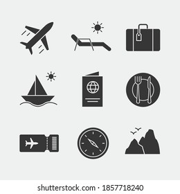 icono de vector de viaje juego de avión boleto de equipaje brújula de navegación de playa icono