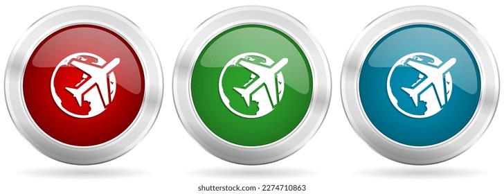 Juego de iconos de vector de viaje. Botones de web metálicos de plata roja, azul y verde con borde cromado