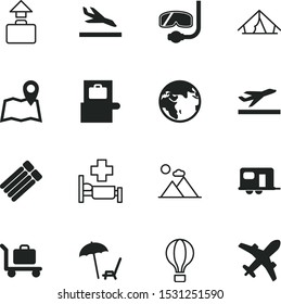 travel vector icon set such as: shelter, takeoff, house, sunny, global, camper, parasol, hot, style, pointer, geography, terrain, arrival, logistics, world, glasses, case, sunbathing, landing