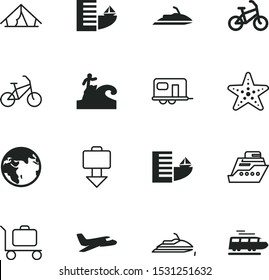 travel vector icon set such as: mollusk, case, map, rv, adventure, briefcase, vessel, world, line, track, cruiser, technology, sky, star, railway, railroad, global, house, mobile, floating, fashion