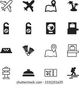 travel vector icon set such as: lifestyle, tropical, desk, backpacker, young, empty, geotag, passport, island, exotic, outline, id, little, international, man, coco, immigration, bell, nature, human