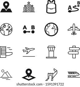 travel vector icon set such as: airliner, cargo, guidepost, around, logistics, hill, skyscraper, bag, border, airline, urban, speed, city, airways, line, up, decision, departures, rail, railway